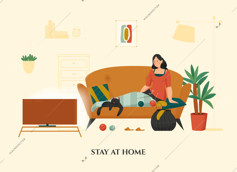 Woman sitting with her cat on sofa under warm lap blanket cozy home flat vector illustration