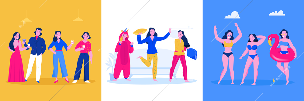 Party flat design concept with smiling people wearing dresses costumes pyjamas swimsuits isolated vector illustration