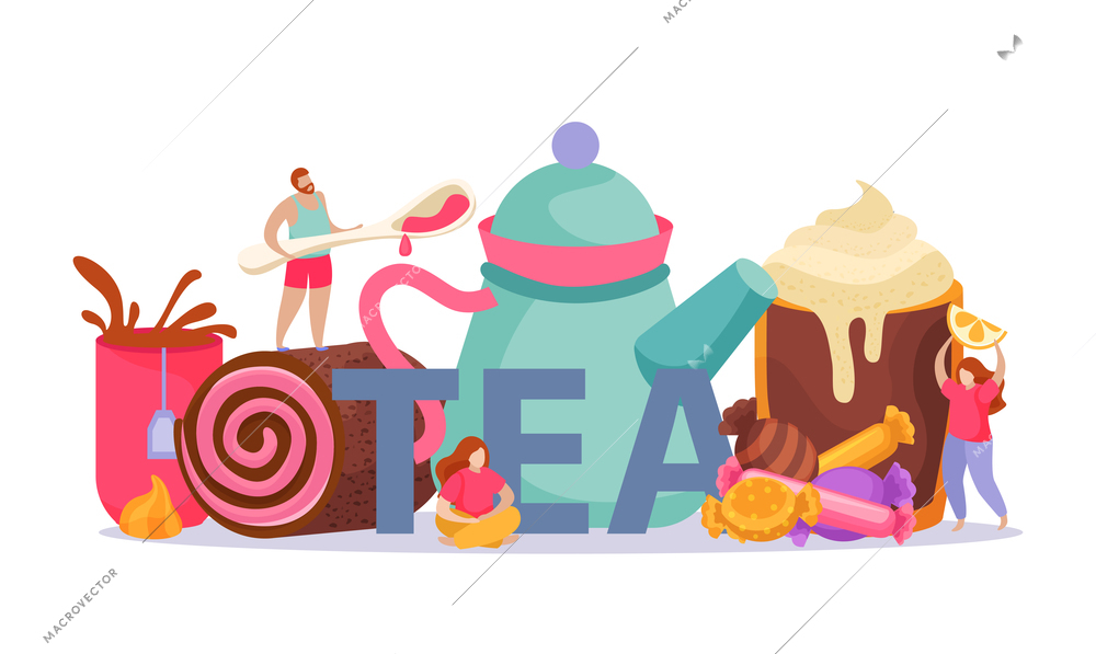 Tea time composition with flat images of sweets and candies teapot cup and doodle human characters vector illustration