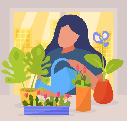 Hobby flat people composition with faceless character of woman watering flowers in pots on window sill vector illustration