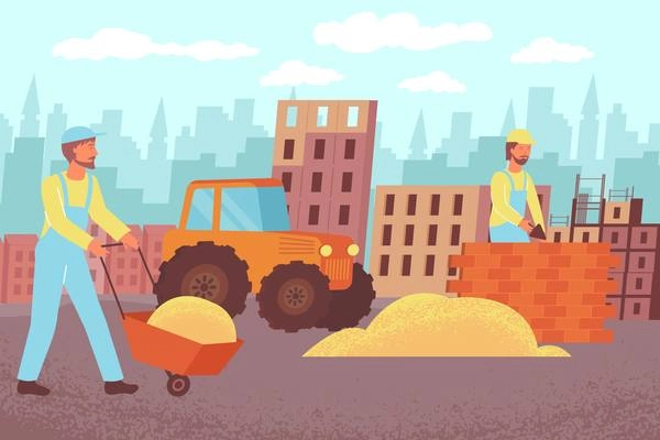 Construction brick house flat composition with outdoor scenery cityscape silhouette and characters of builders with supplies vector illustration