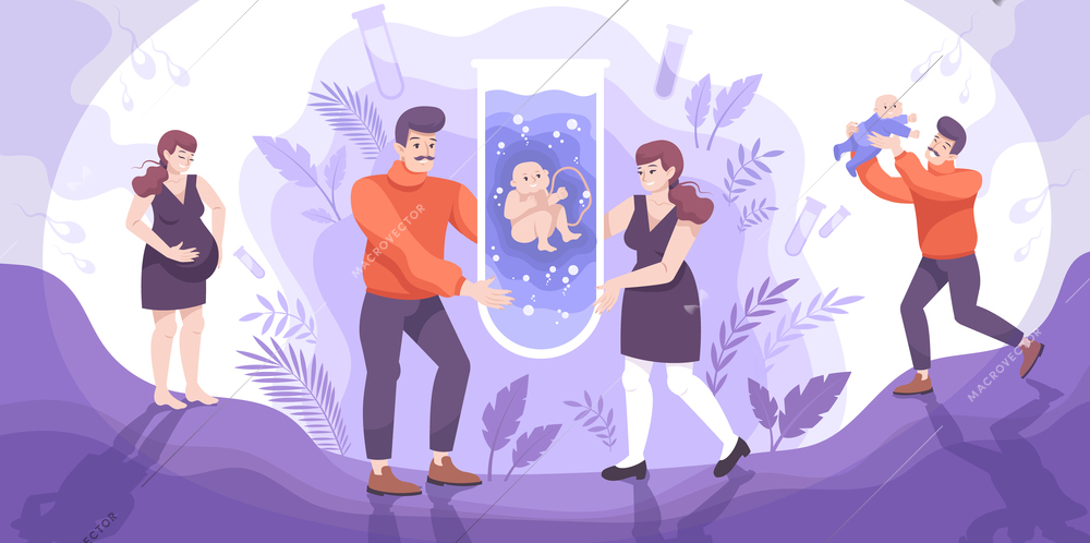 In vitro baby flat composition with doodle characters of pregnant woman child and fetus in tube vector illustration