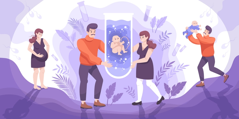 In vitro baby flat composition with doodle characters of pregnant woman child and fetus in tube vector illustration