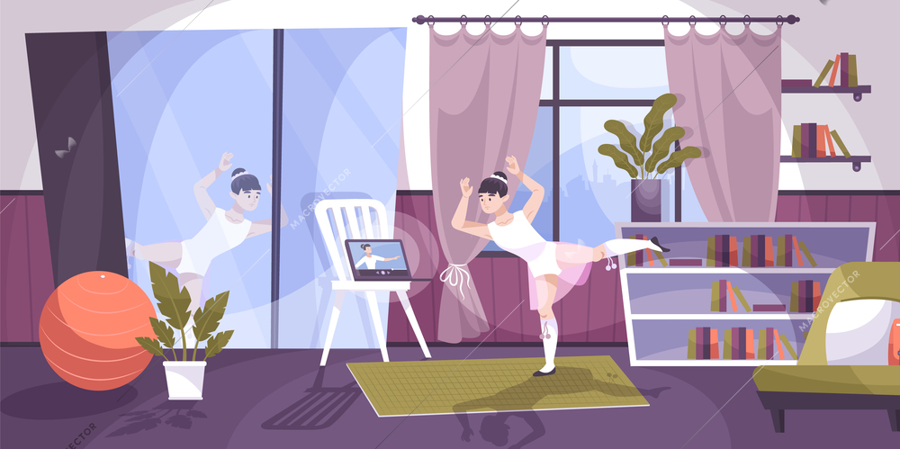 Dance online flat composition with private apartment interior and ballet dancing girl with laptop on chair vector illustration