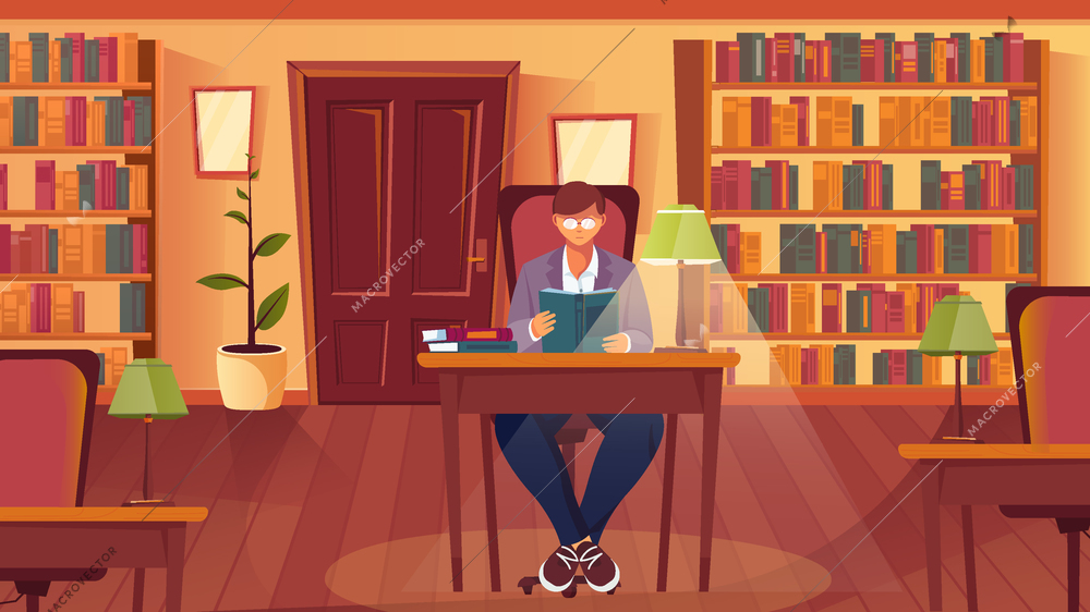 Reading books flat composition with library interior bookcases shelves and table with lamp and reading man vector illustration