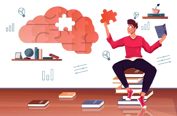 Self education concept composition with flat images of brain mosaic with human character sitting on books vector illustration