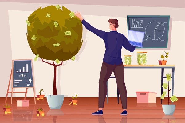 Investment profit flat composition with indoor scenery with blackboards money tree and human character gathering banknotes vector illustration