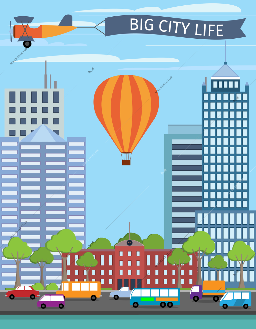 Modern urban building big city life poster with balloon vector illustration