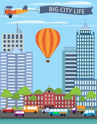 Modern urban building big city life poster with balloon vector illustration