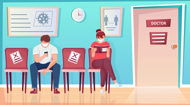 Social distance in hospital flat composition with view of clinic lobby and people sitting next chair vector illustration