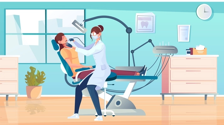 Dental filling flat composition with view of dental surgeons office with patient on chair and dentist vector illustration