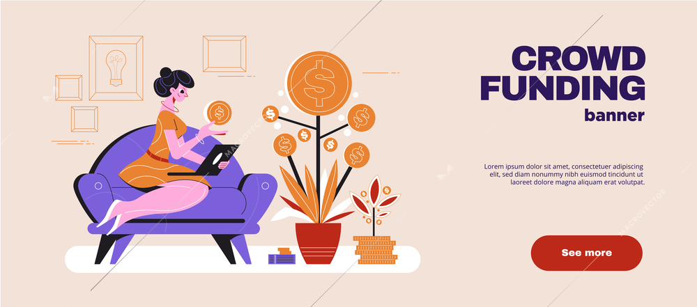 Crowdfunding flat horizontal web banner with woman on couch with laptop next to money tree vector illustration