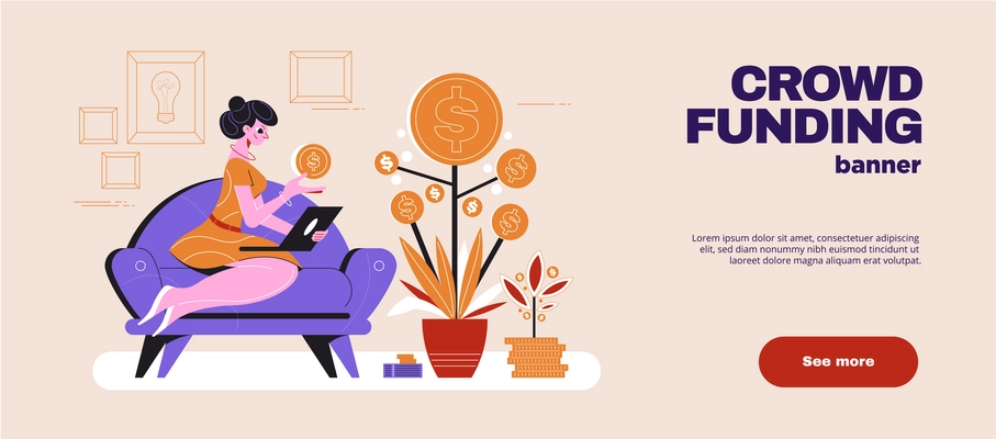 Crowdfunding flat horizontal web banner with woman on couch with laptop next to money tree vector illustration