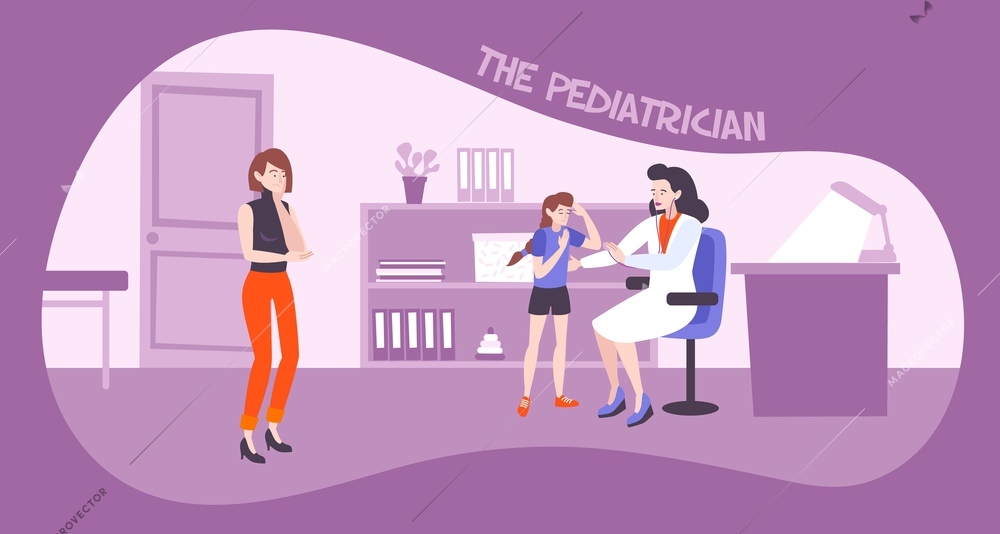 Pediatric kid flat composition with text and indoor view of doctors office with doodle human characters vector illustration