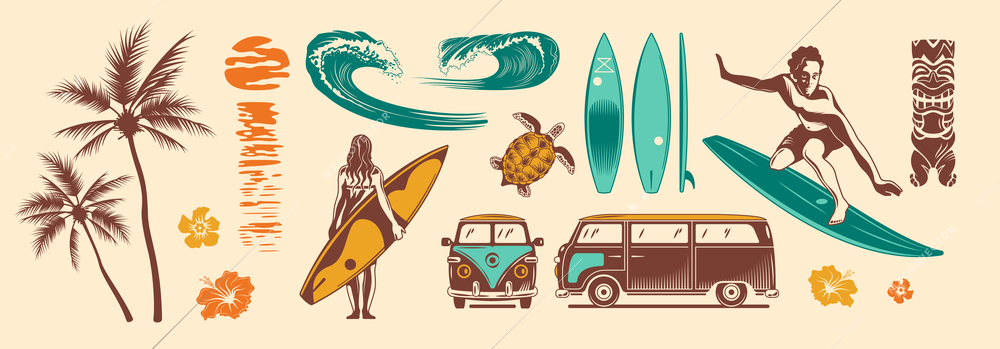 Summer holidays hand drawn color set of palm trees surfboards big waves retro travel bus vector illustration