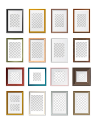 Square and rectangular picture frames transparent background various types sizes material color realistic mockup set vector illustration