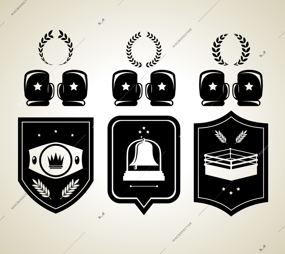 Black boxing gloves and winner shield awards isolated vector illustration