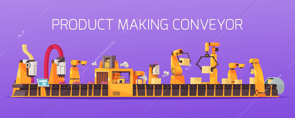 Automated robotic packing conveyor horizontal composition with panoramic view of remotely controlled assembly line with text vector illustration