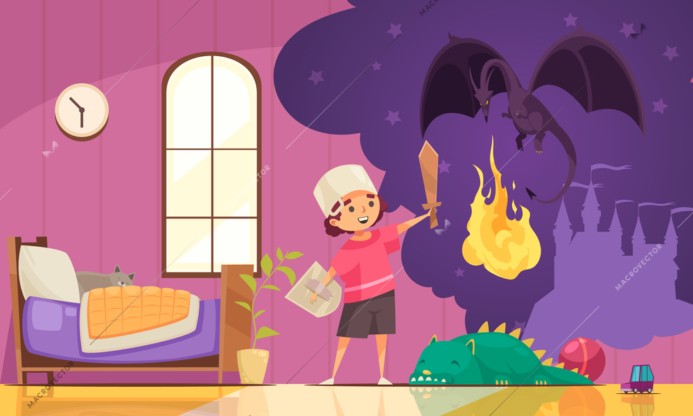 Children dreaming dragon composition with view of living room with playing boy and his thoughts bubble vector illustration