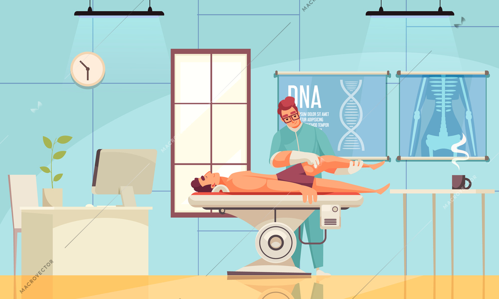 Physiotherapy rehabilitation composition with indoor view of hospital room with characters of patient and medical specialist vector illustration