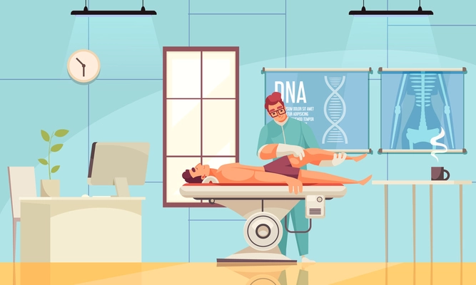 Physiotherapy rehabilitation composition with indoor view of hospital room with characters of patient and medical specialist vector illustration