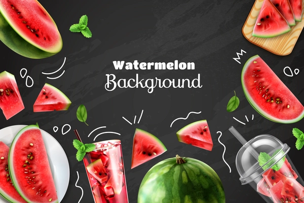 Watermelon colored background with realistic images of chopped fresh berries and glasses with fruit smoothie on chalkboard vector illustration