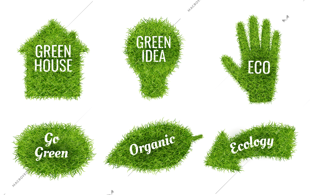 Go green realistic ecological grass covered sustainable house leaf arrow light bulb hand symbols set vector illustration