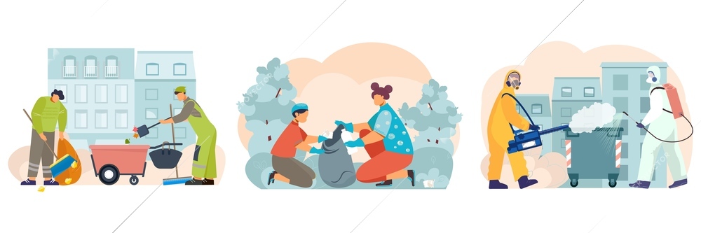 Street cleaning set of flat compositions with outdoor city landscapes and characters of cleaners and volunteers vector illustration