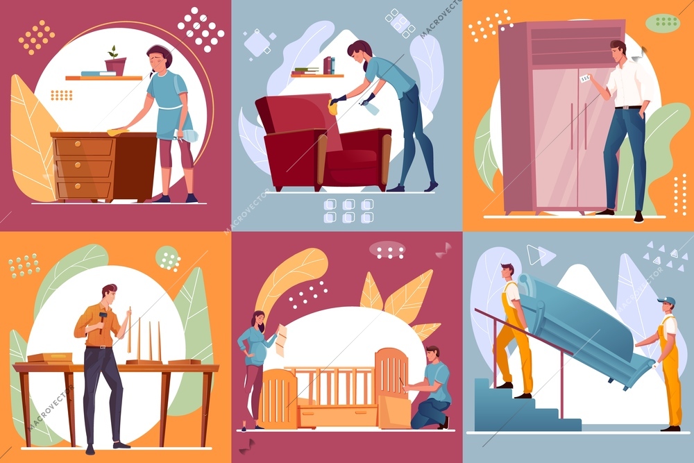 Flat composition set with people making cleaning delivering and buying furniture isolated vector illustration