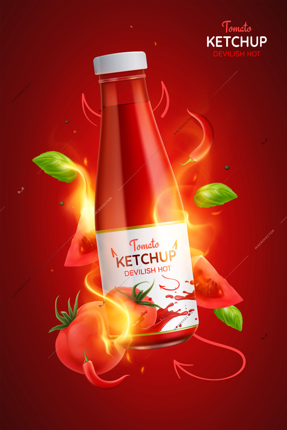 Tomato devilish hot spicy ketchup realistic poster vector illustration