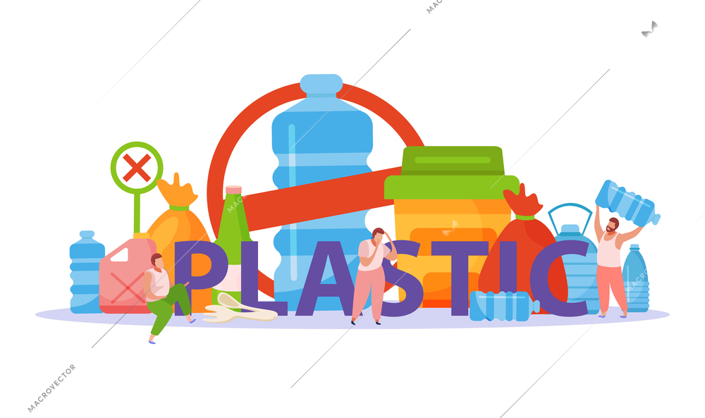 Self care flat concept with big plastic bag and abstract plastic pollution composition vector illustration