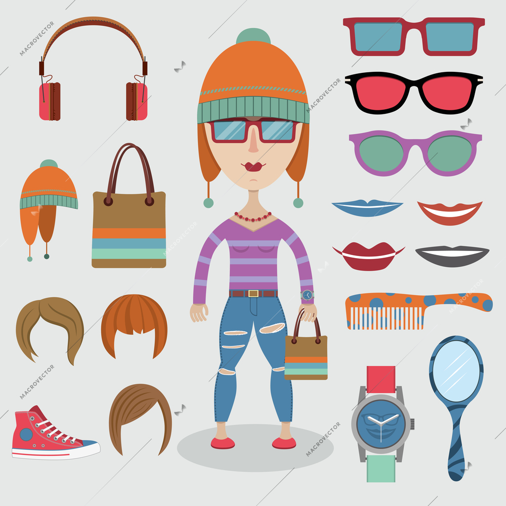 Hipster character pack fashion design elements for girl isolated vector illustration