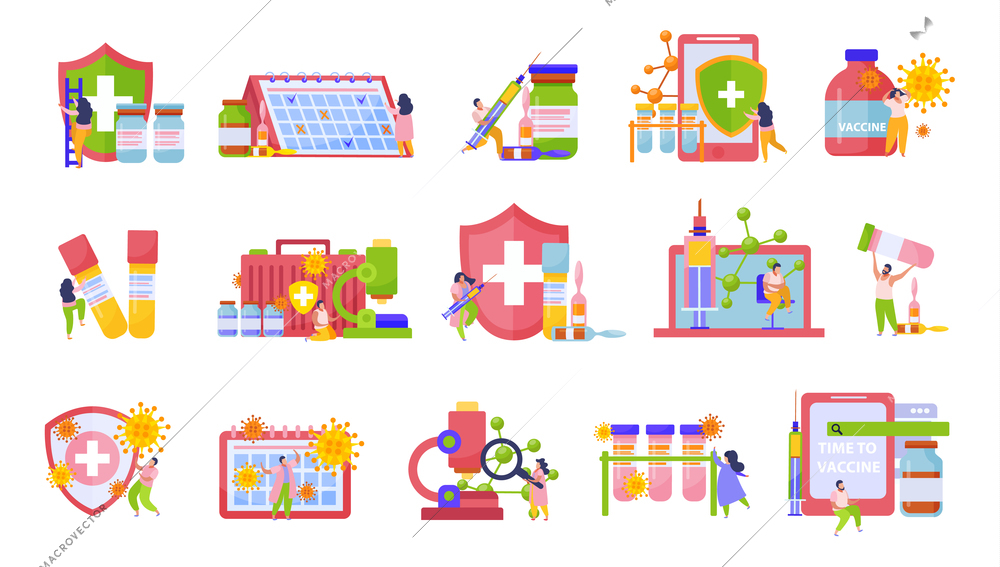 Vaccination flat isolated icon set with test tubes ampoules vaccine bottle calendar and other medical attributes vector illustration