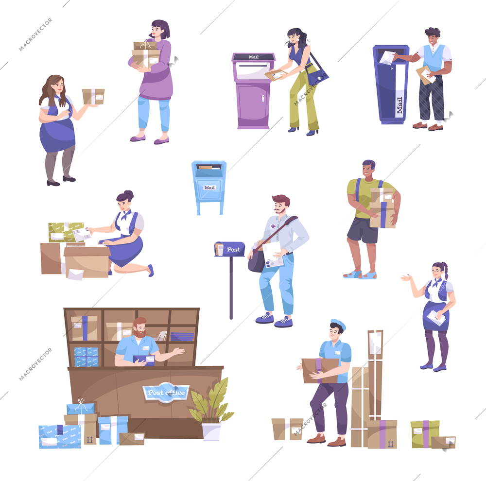 Post office set with isolated icons of mail boxes and flat human characters of postal workers vector illustration