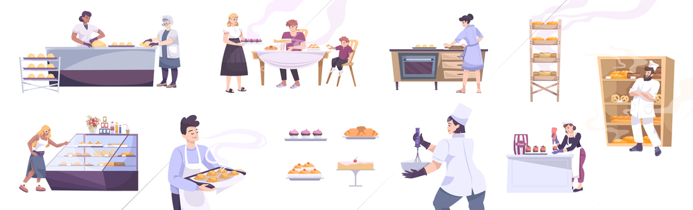 Bakery set of flat icons with baked food products kitchen utensils and human characters of bakers vector illustration