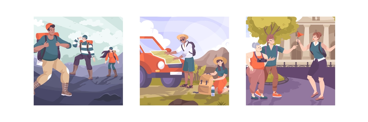 Set of three excursion compositions with flat characters of tourist groups sighted guide and outdoor landscapes vector illustration