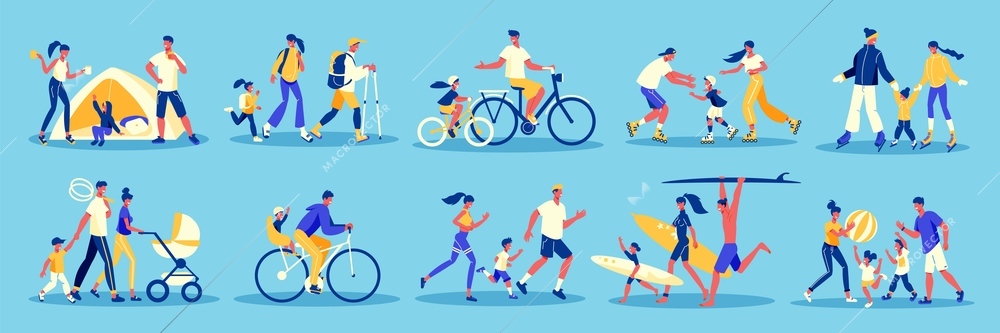 Family active holidays color set with isolated icons characters of children and parents and sport equipment vector illustration