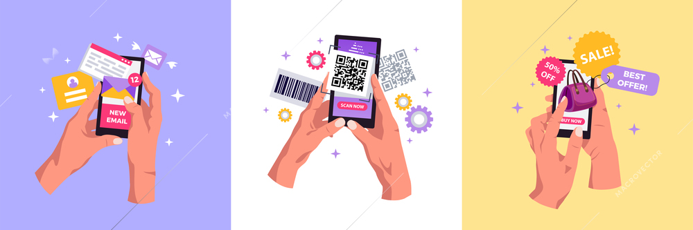 Hands holding smartphones checking sending mail shopping scanning barcodes 3 flat background compositions concept vector illustration