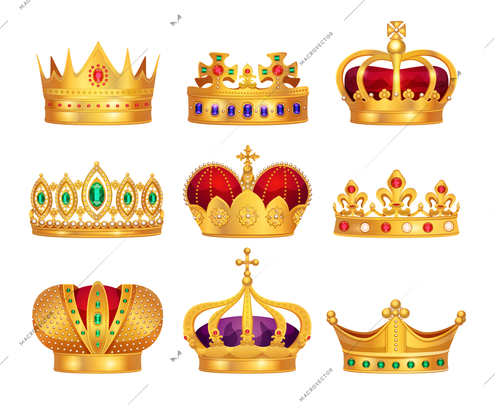 King emperor queen empress sovereign ruler royal power symbols attributes 9 golden crowns realistic set vector illustration