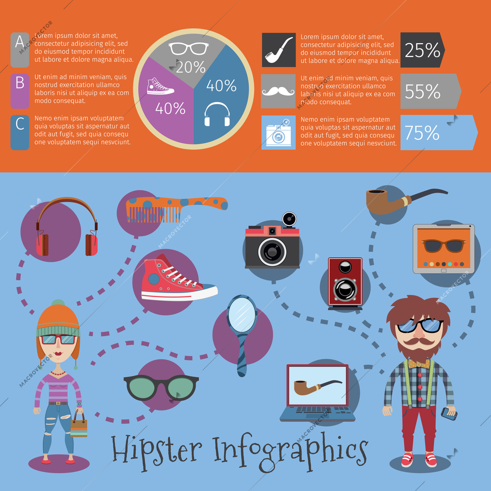 Hipster infographic set with geek accessories and chart vector illustration