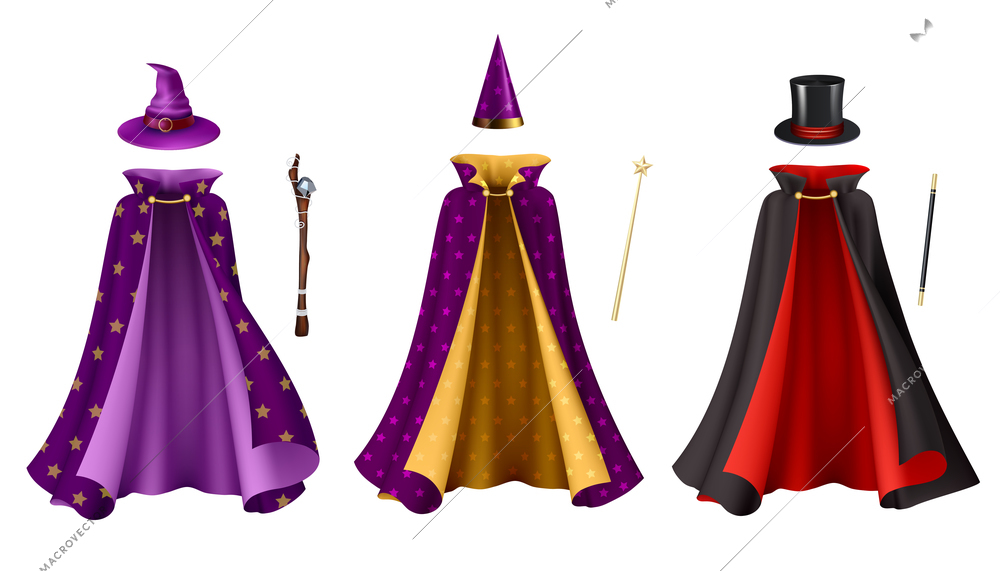 Magician clothes realistic set with isolated images of gowns with hats and sticks on blank background vector illustration