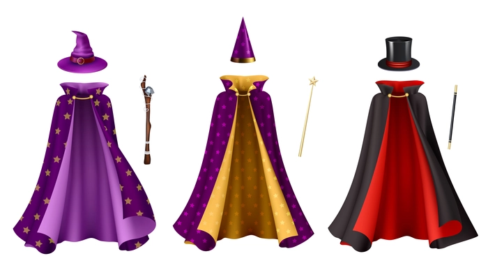 Magician clothes realistic set with isolated images of gowns with hats and sticks on blank background vector illustration