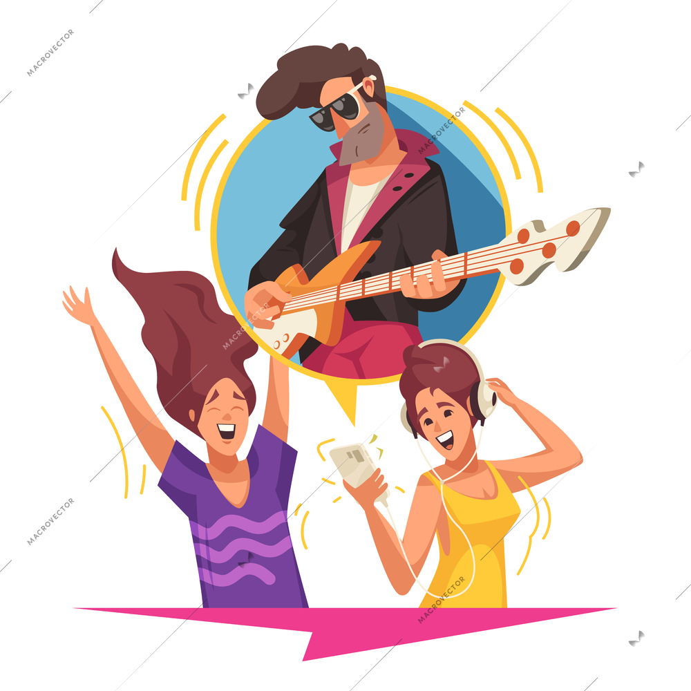 Online music content with musician playing guitar singer with microphone and dancing girl flat vector illustration