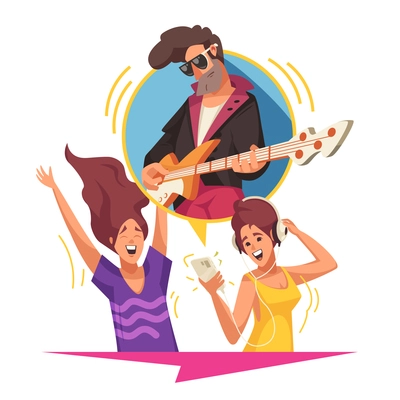 Online music content with musician playing guitar singer with microphone and dancing girl flat vector illustration