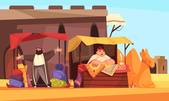 Eastern market cartoon poster with male arabic characters selling carpets and inviting customers vector illustration