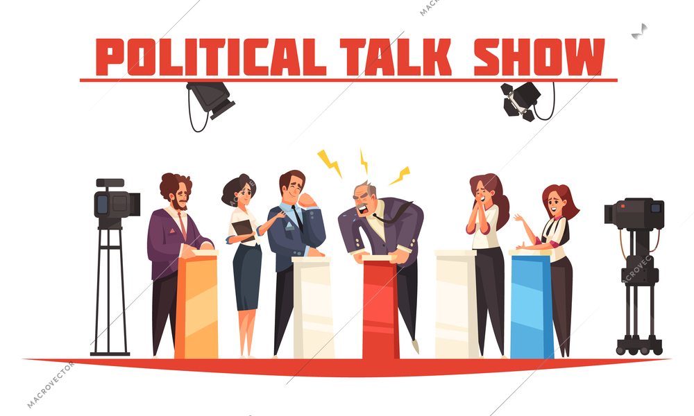 Political talk show vector illustration with group of people standing behind tribunes on scene and leading discussion