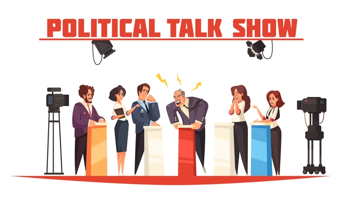 Political talk show vector illustration with group of people standing behind tribunes on scene and leading discussion