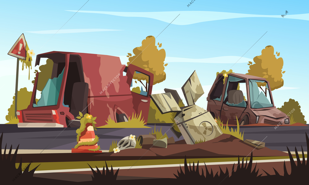 Post apocalypse background with  destroyed cars on road after military action cartoon vector illustration