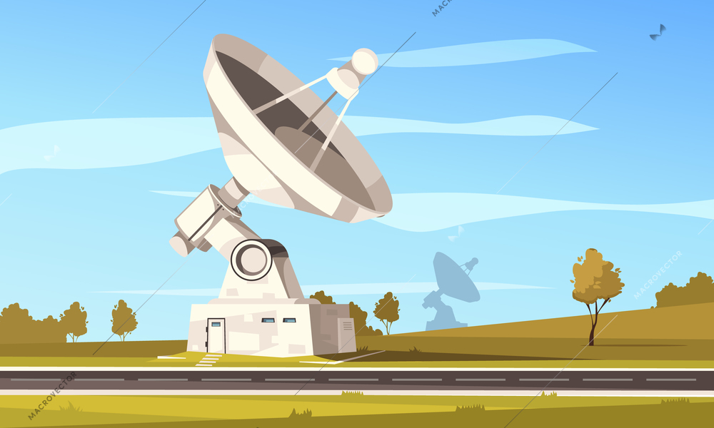 Radio telescope station with large parabolic antenna for space research against autumn landscape vector illustration