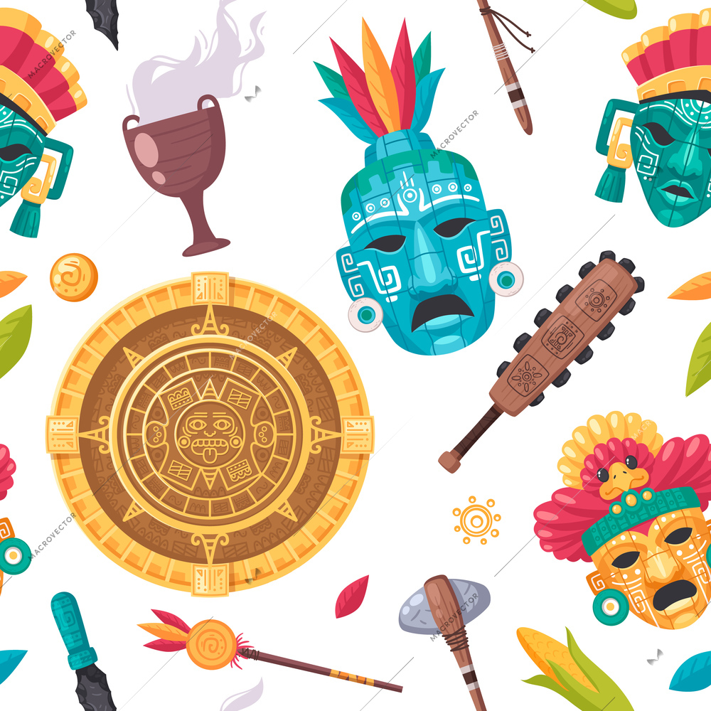 Maya civilization cartoon seamless pattern with culture and religion symbols vector illustration